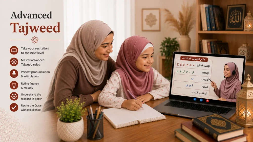 A mother and daughter in an online Advanced Tajweed lesson on Zoom with an Al-Azhar teacher showing Tajweed rules on screen