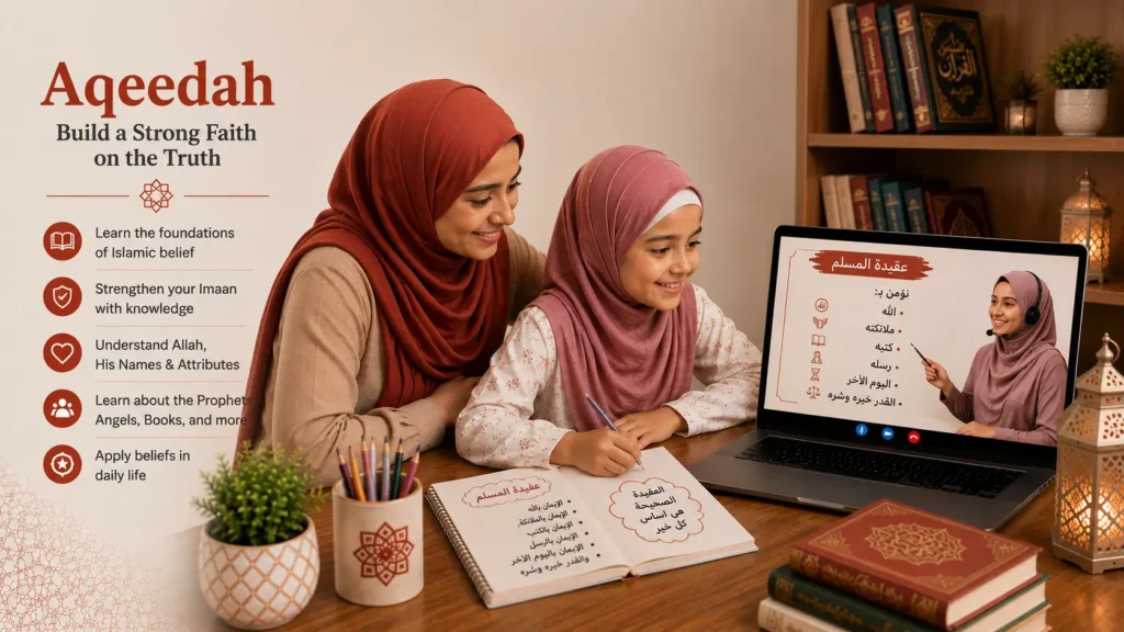 A mother and daughter in an online Aqeedah lesson on Zoom with an Al-Azhar teacher explaining the articles of Islamic faith on screen