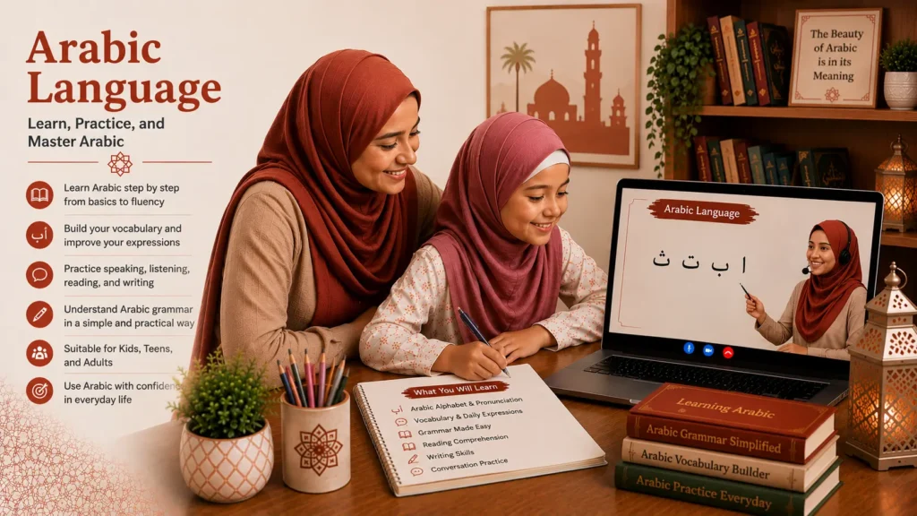Mother supporting her daughter during an online Arabic Language class with her teacher