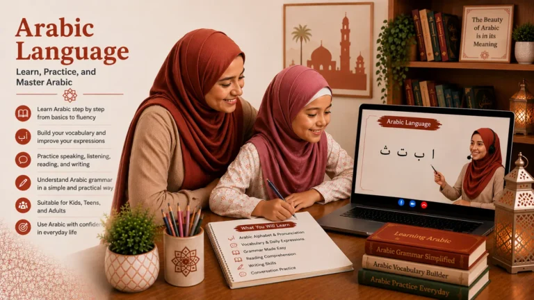 Mother supporting her daughter during an online Arabic Language class with her teacher
