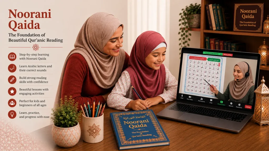 Mother and daughter attending an online Noorani Qaida class with a Quran teacher through Zoom