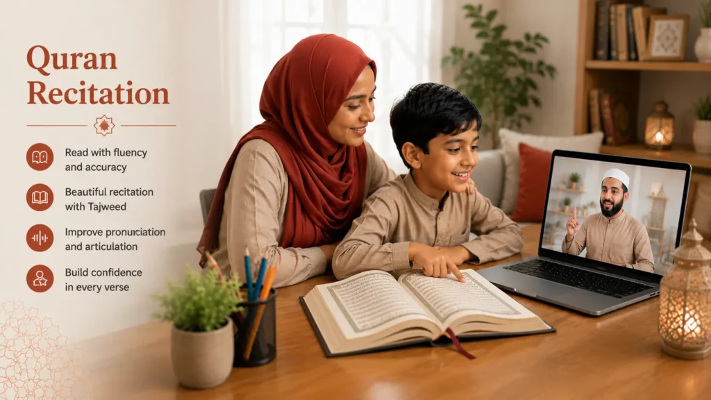 A mother and son reading the Qur'an together in an online recitation lesson on Zoom with an Al-Azhar teacher