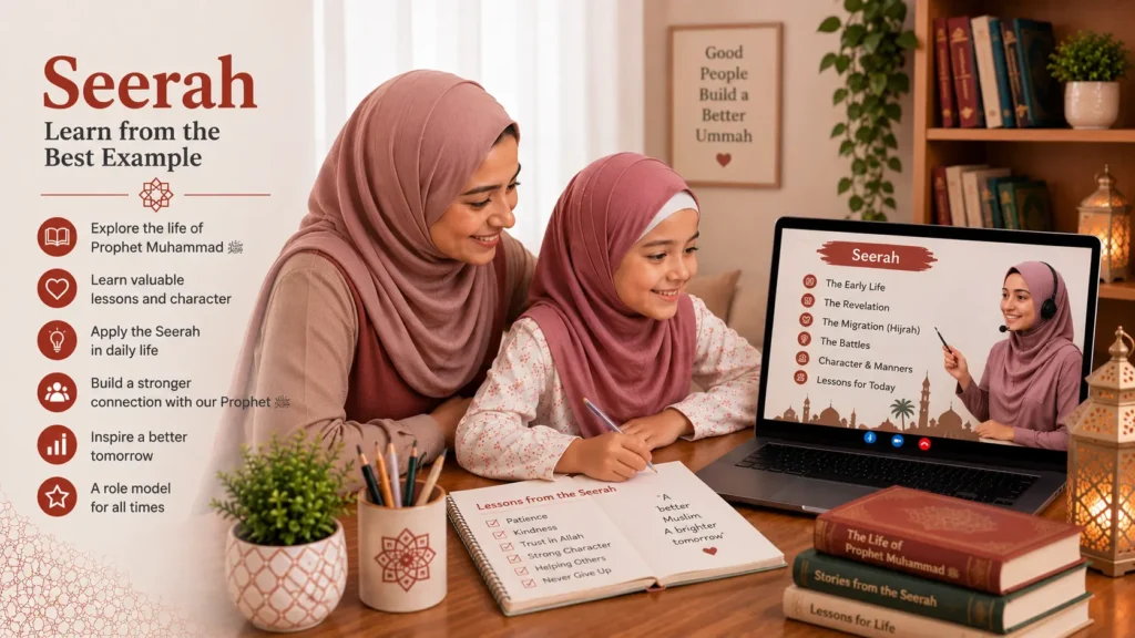 A mother and daughter in an online Seerah lesson on Zoom with an Al-Azhar teacher showing the life of the Prophet Muhammad ﷺ on screen