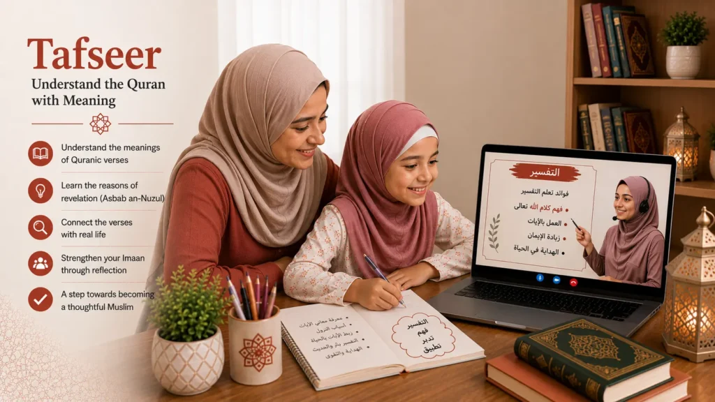 A mother and daughter in an online Tafseer lesson on Zoom with an Al-Azhar teacher explaining the meanings of Quranic verses on screen