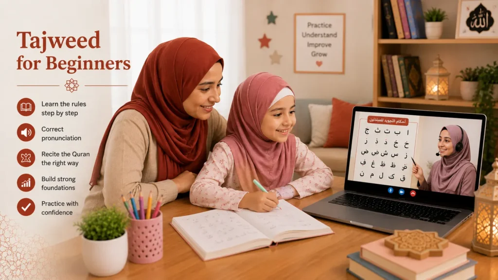 A mother and daughter in an online beginner Tajweed lesson on Zoom with an Al-Azhar teacher showing the Arabic letters on screen