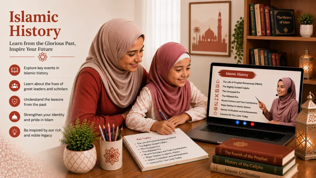 A mother and daughter in an online Islamic History lesson on Zoom with an Al-Azhar teacher showing key topics on screen