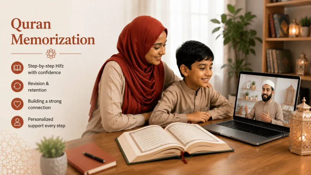 A mother and her son taking an online Hifz lesson on Zoom with an Al-Azhar teacher, an open Qur'an on the desk